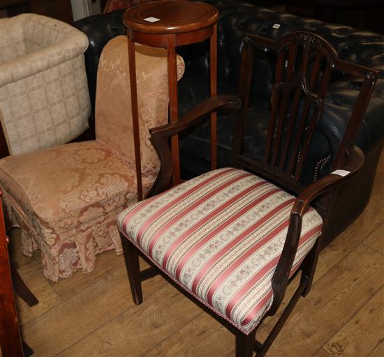A Victorian mahogany nursing chair, an Edwardian jardiniere stand and a mahogany elbow chair